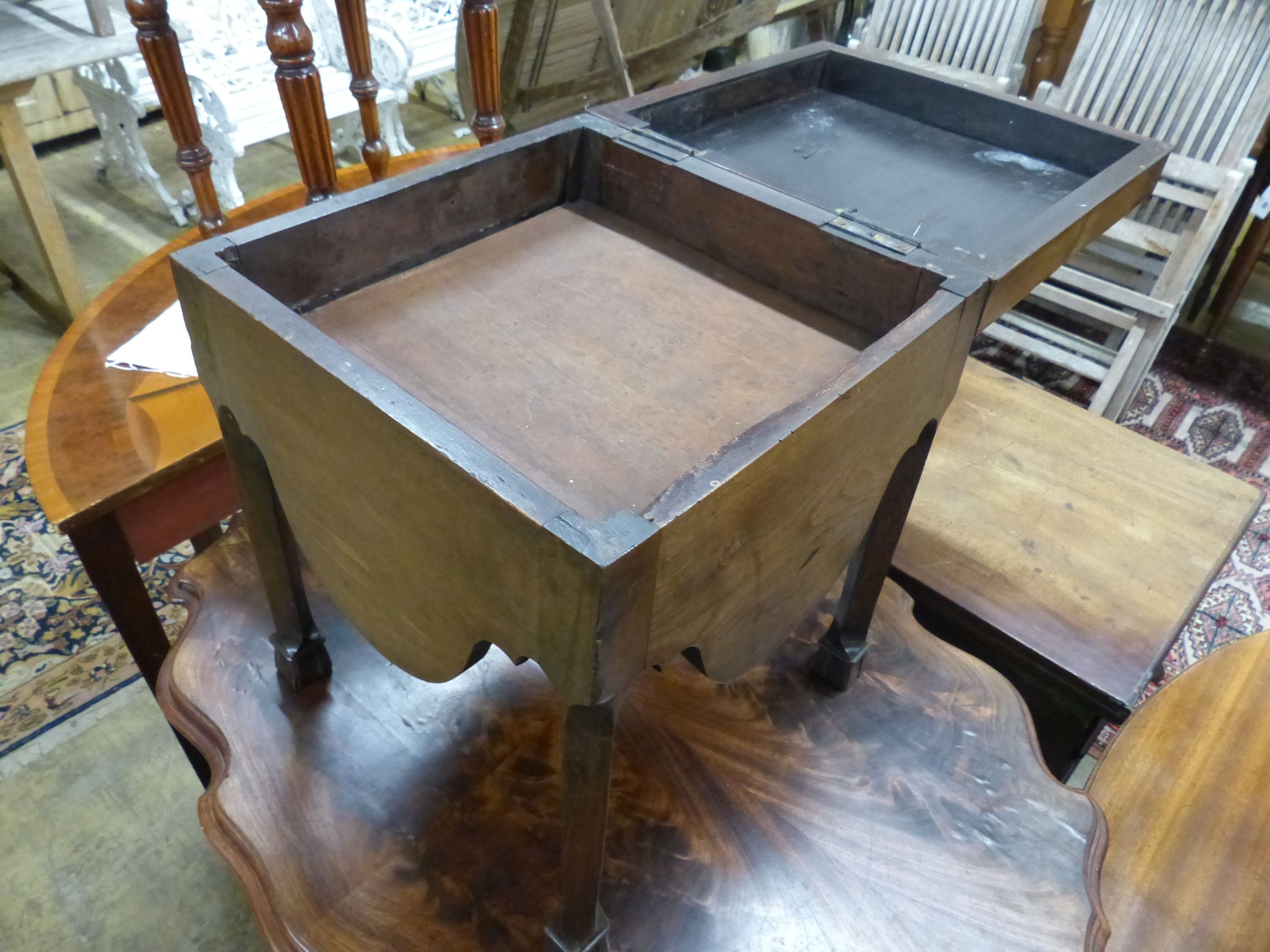 A George III mahogany commode, with shaped apron, on squared legs, W.38cm D.38cm H.49cm (altered)